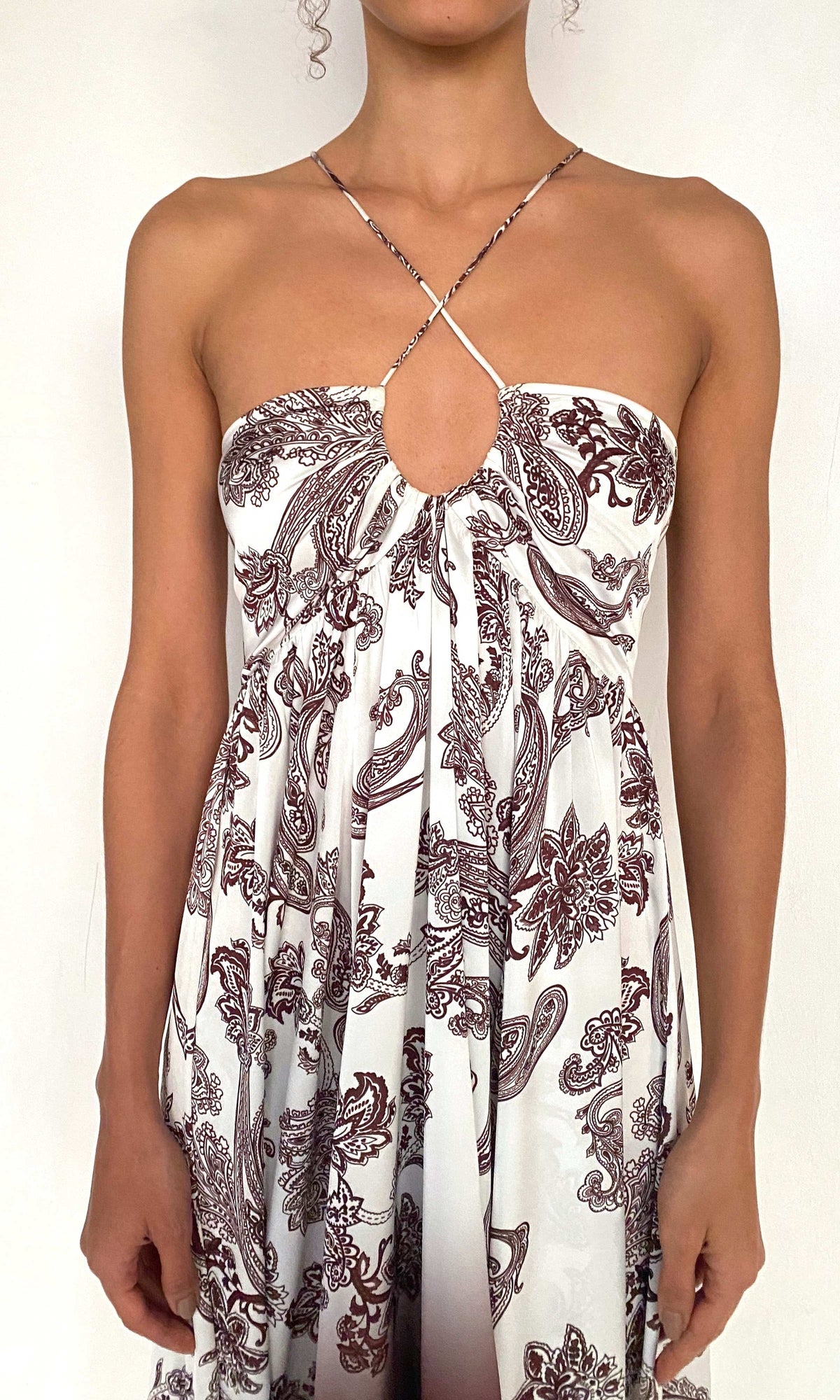 Rococo Sand | Orla Polyester Satin Lycra String Detail High Low Maxi Dress | Off-White Brown
