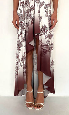Rococo Sand | Orla Polyester Satin Lycra String Detail High Low Maxi Dress | Off-White Brown