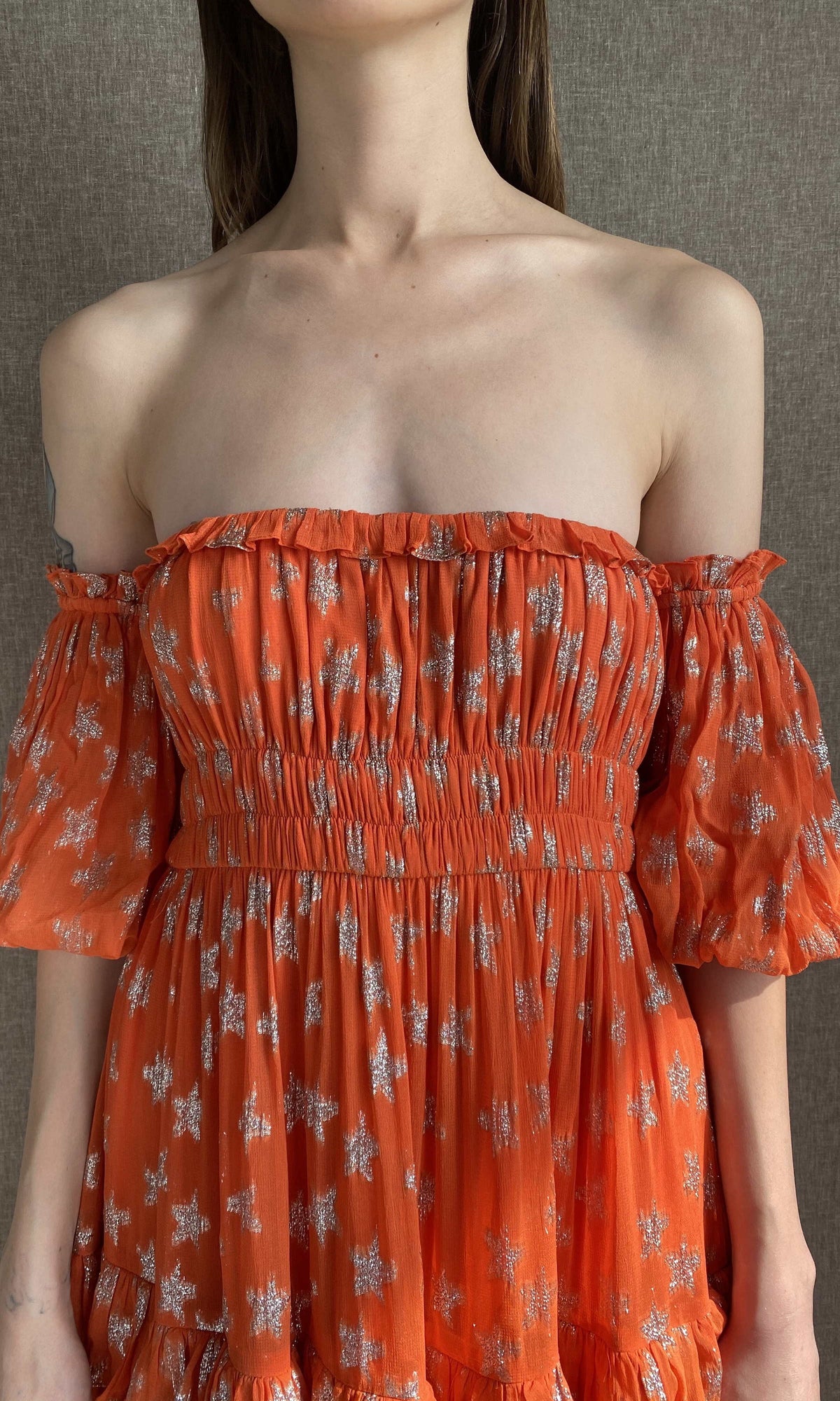 Rococo Sand | Vega Viscose Georgette Star Lurex Long Dress | Orange