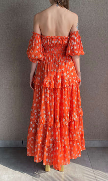 Rococo Sand | Vega Viscose Georgette Star Lurex Long Dress | Orange