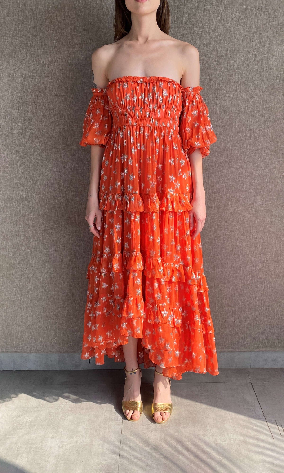 Rococo Sand | Vega Viscose Georgette Star Lurex Long Dress | Orange