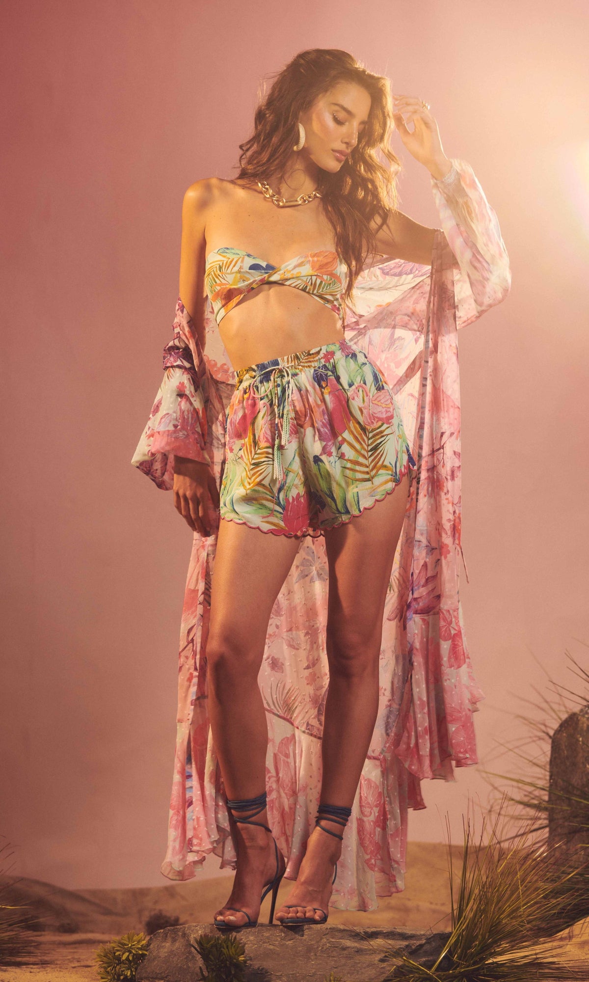 Womens | Zazu Tanish Crepe Shorts | Montley Tropical On Mint Green