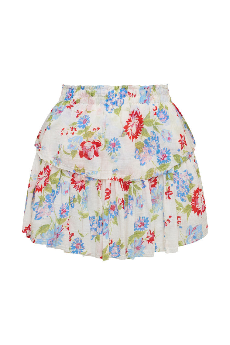 White floral tiered ruffle skirt with red, green, and blue accents with elastic waistband and double lined.