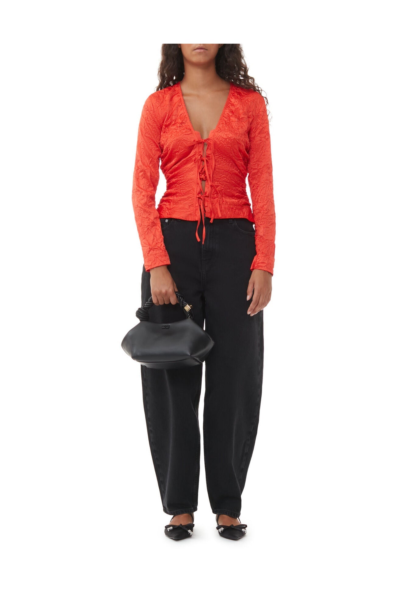 Red Crinkled Satin V neck Shirt | Grenadine