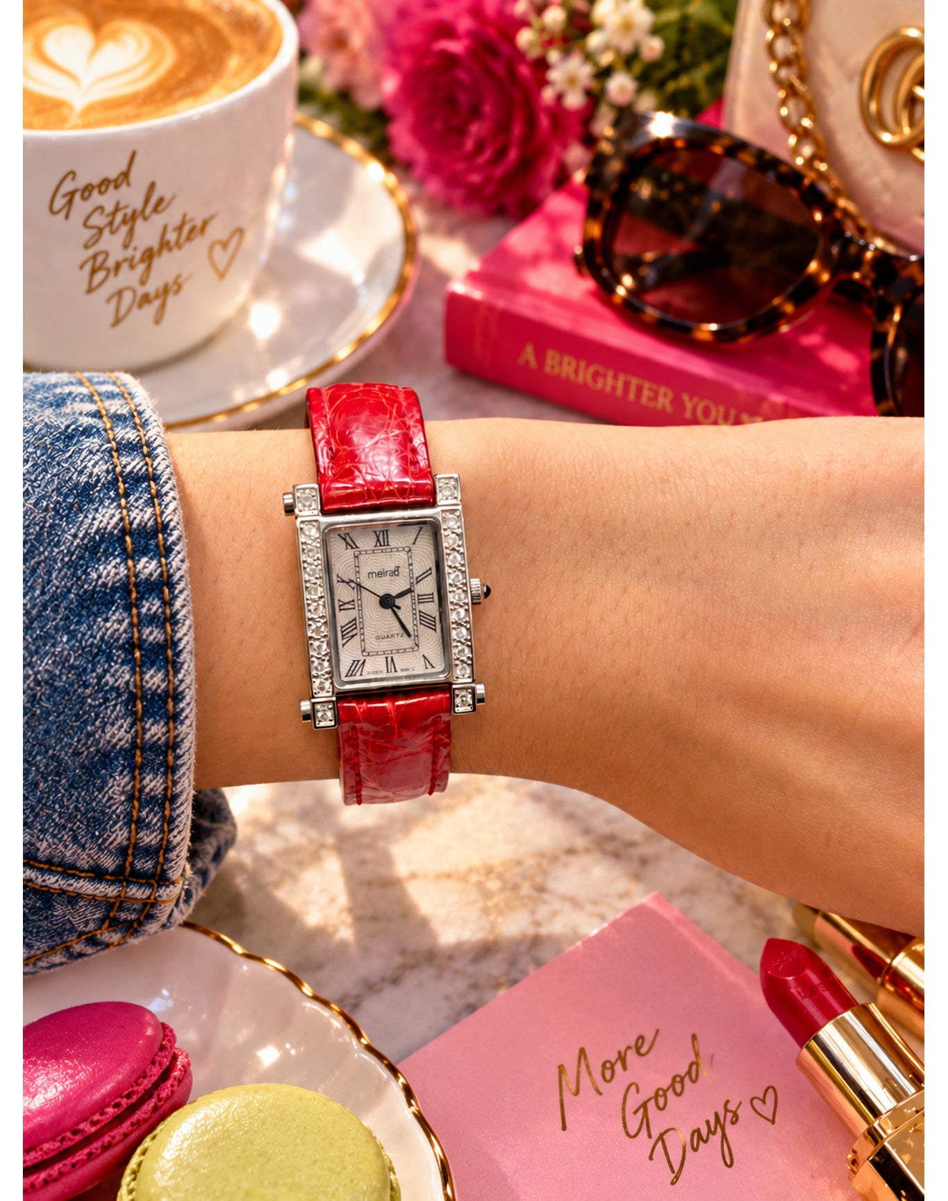 Red Diamond Rectangular Watch Genuine Leather Band | White