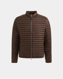 The Rudsak REYMOND M - M125523 Mocha is a brown, lightweight men’s down jacket with horizontal stitching, long sleeves, and a front zipper closure, made from recycled nylon and shown on a plain white background.