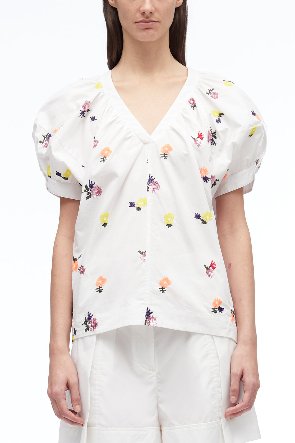 Sequin Embellished Poplin V-Neck Top | White Multi