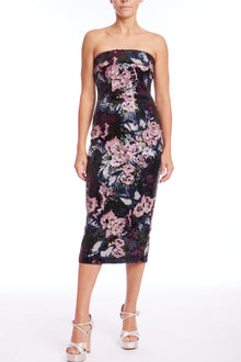 Badgley Mischka | Strapless Floral Sequin Cocktail Dress | Navy Multi