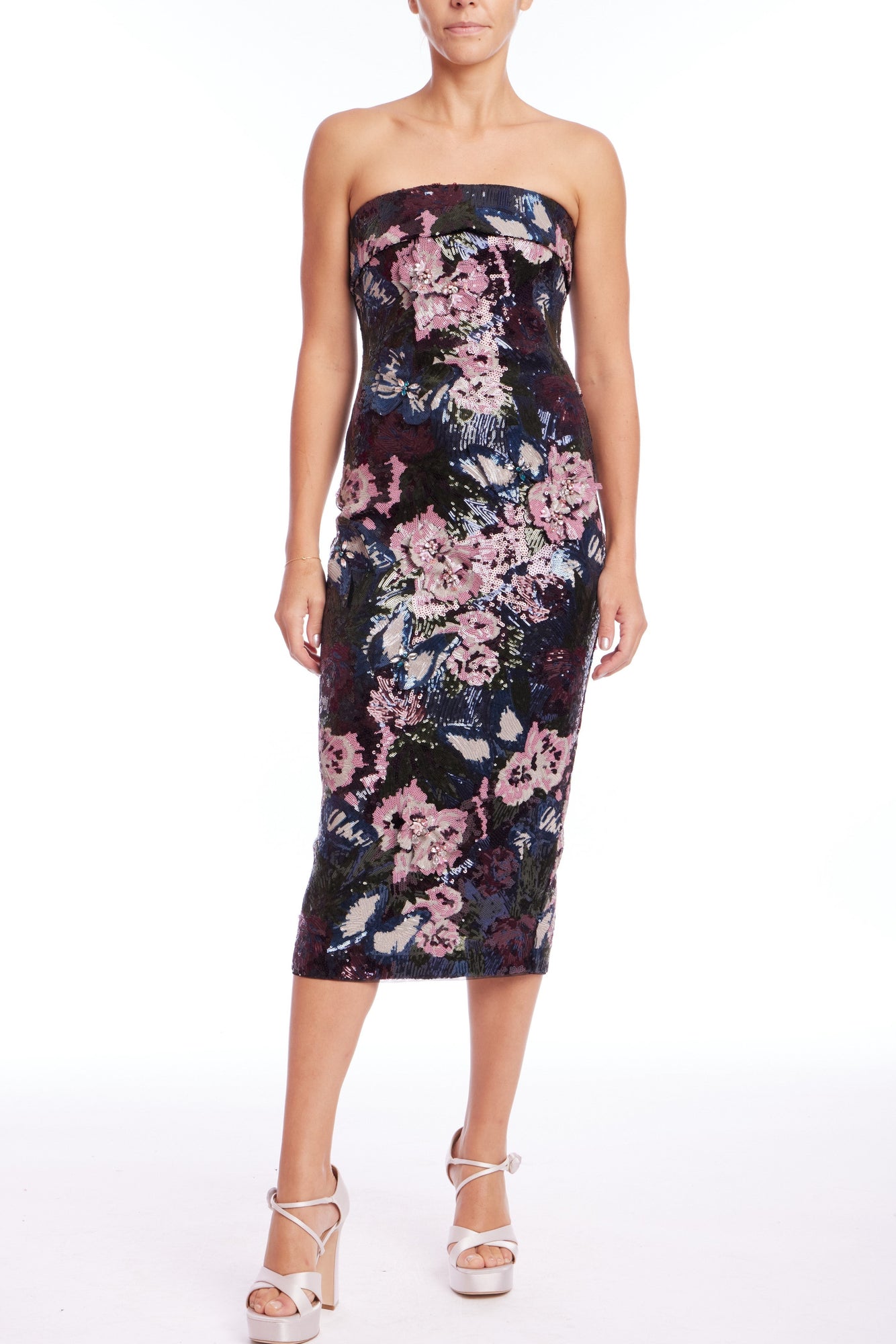 Badgley Mischka | Strapless Floral Sequin Cocktail Dress | Navy Multi