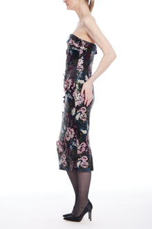 Badgley Mischka | Strapless Floral Sequin Cocktail Dress | Navy Multi