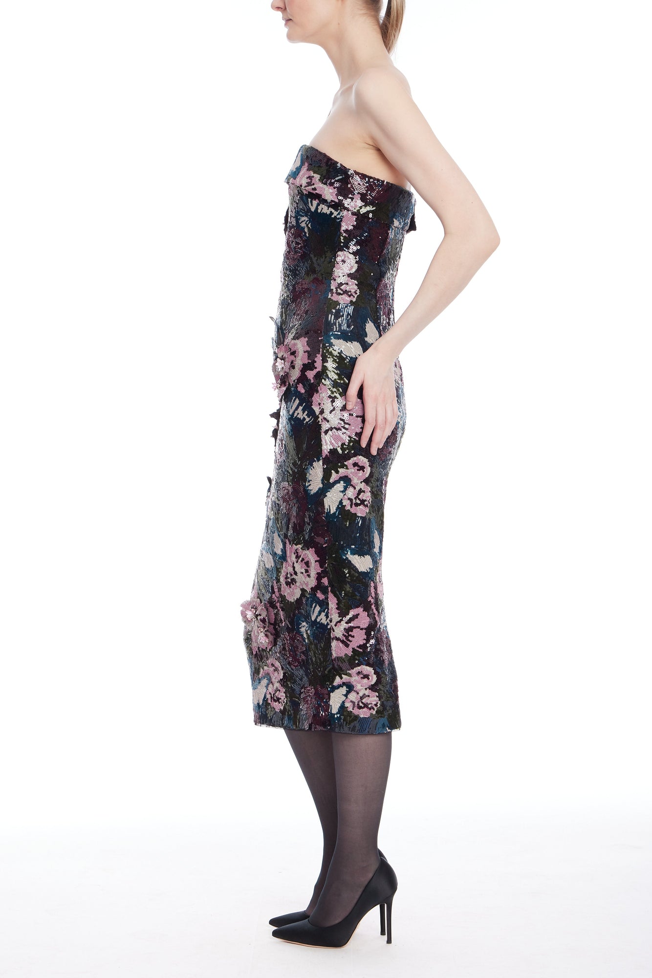 Badgley Mischka | Strapless Floral Sequin Cocktail Dress | Navy Multi