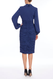 Badgley Mischka | Long Sleeve Ruched Collared Cocktail Dress | Navy