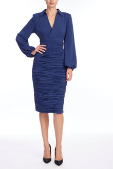 Badgley Mischka | Long Sleeve Ruched Collared Cocktail Dress | Navy
