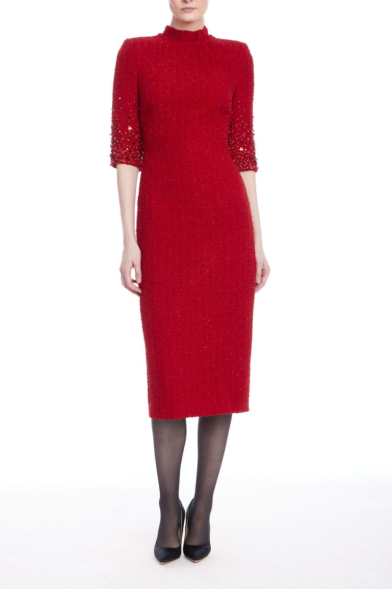 Badgley Mischka | 3/4 Beaded Tweed Cocktail Dress | Red