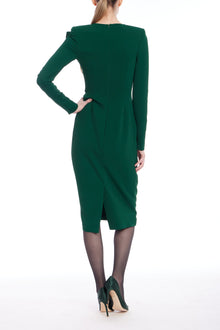 Badgley Mischka | Long Sleeve Draped Formal Dress | Dark Emerald