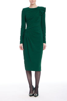 Badgley Mischka | Long Sleeve Draped Formal Dress | Dark Emerald