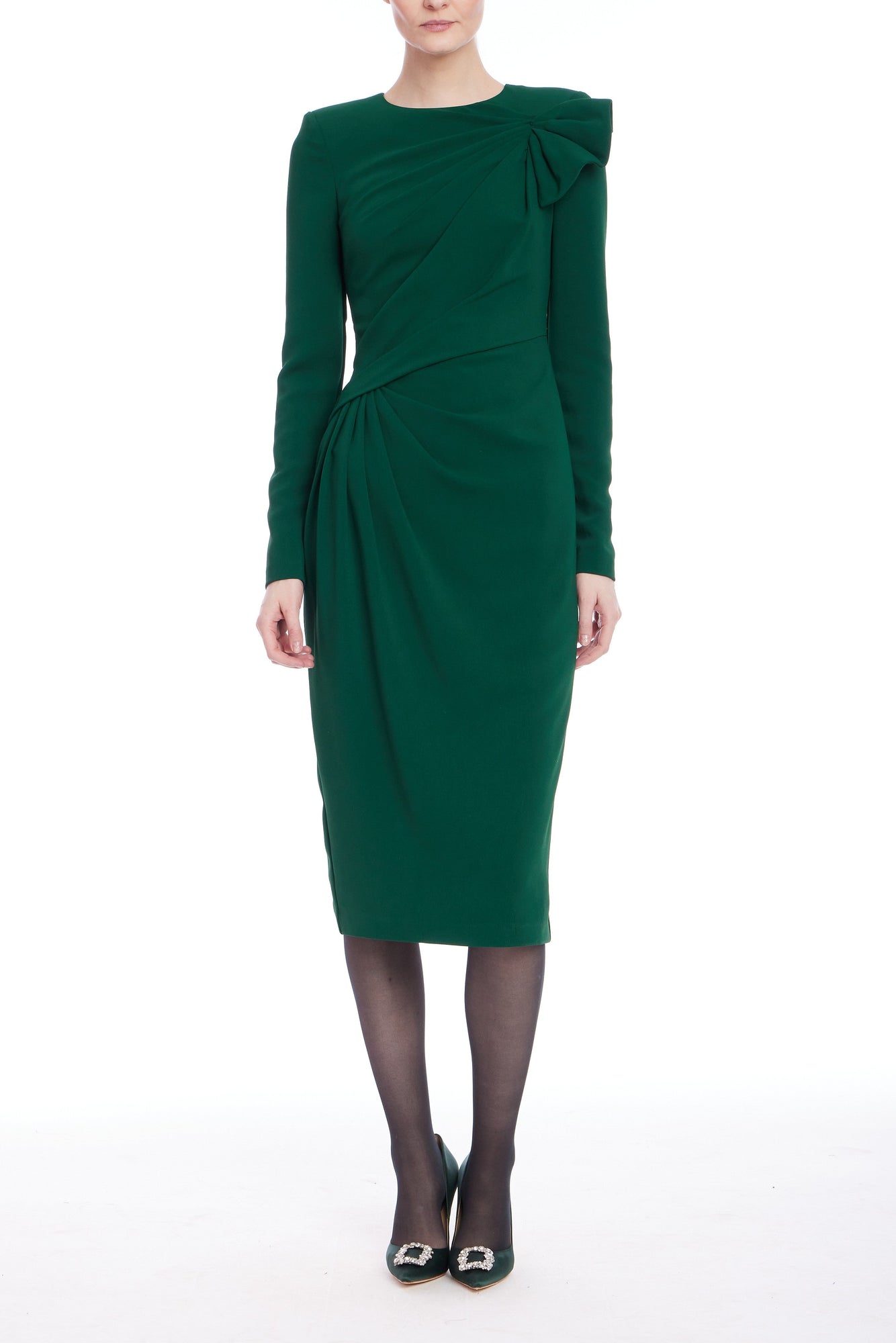 Badgley Mischka | Long Sleeve Draped Formal Dress | Dark Emerald