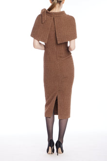 Badgley Mischka | Short Sleeve Tweed Capelet Midi Dress | Mocha