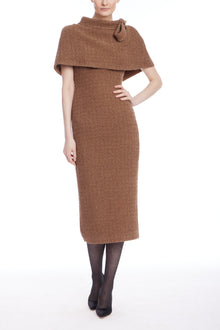 Badgley Mischka | Short Sleeve Tweed Capelet Midi Dress | Mocha