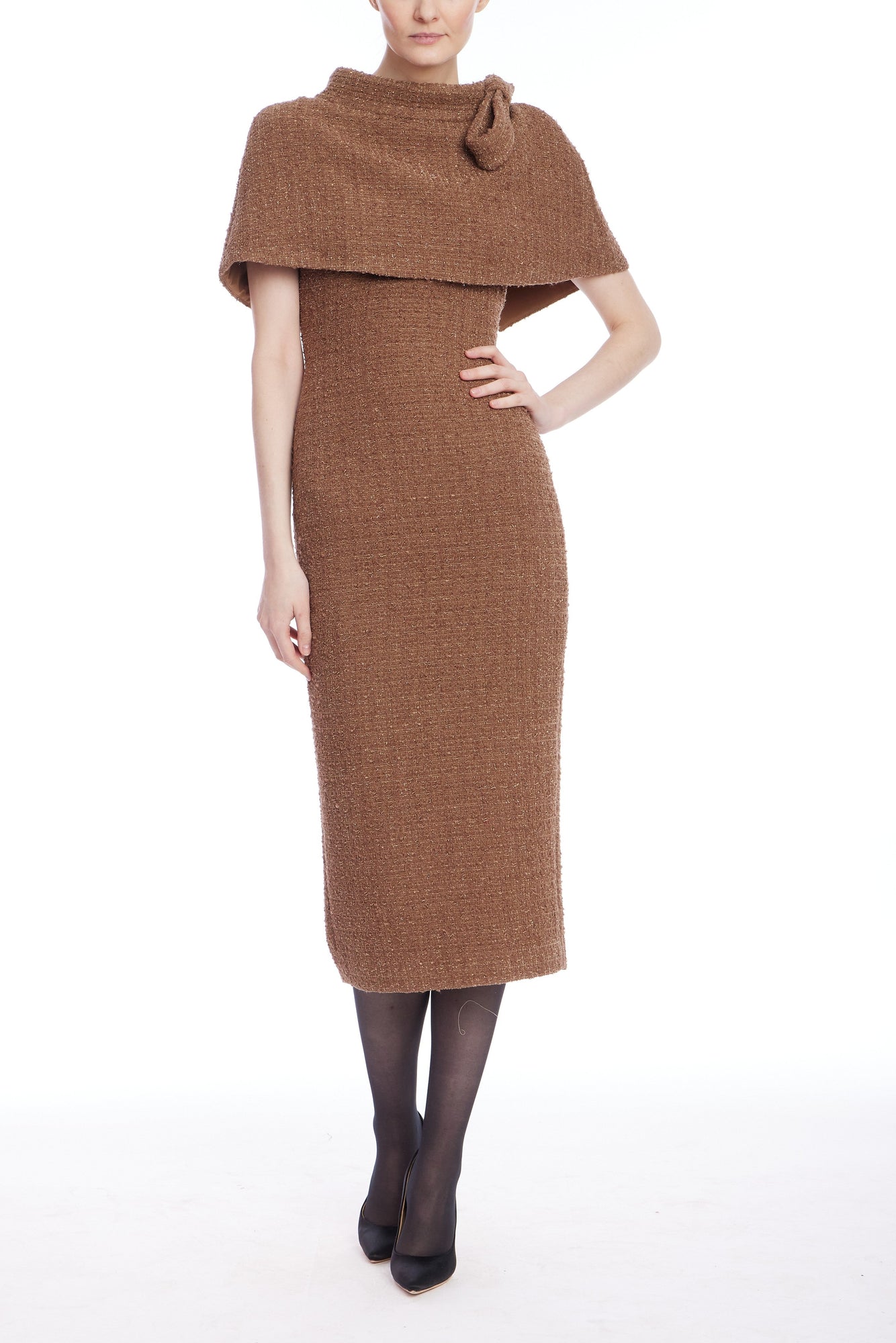 Badgley Mischka | Short Sleeve Tweed Capelet Midi Dress | Mocha