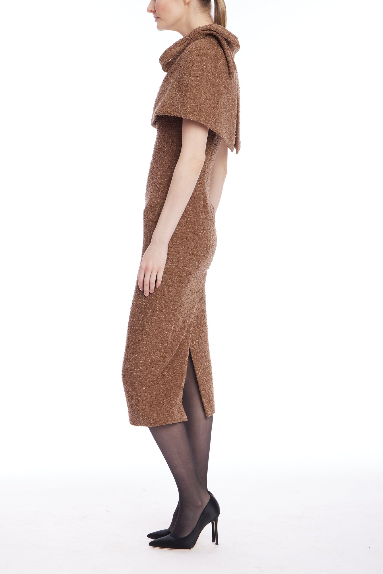 Badgley Mischka | Short Sleeve Tweed Capelet Midi Dress | Mocha