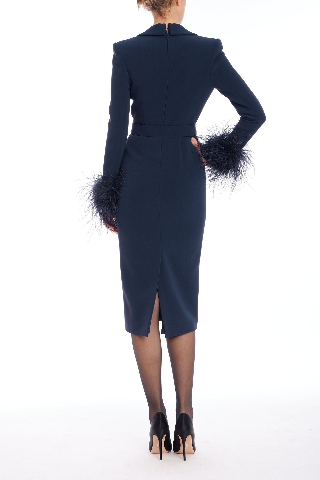 Badgley Mischka | Feather Cuff Belted Cocktail Dress | Navy