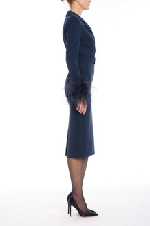 Badgley Mischka | Feather Cuff Belted Cocktail Dress | Navy