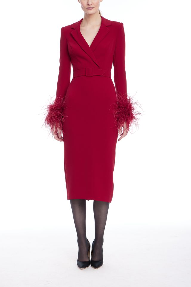 Badgley Mischka | Feather Cuff Belted Cocktail Dress | Ruby