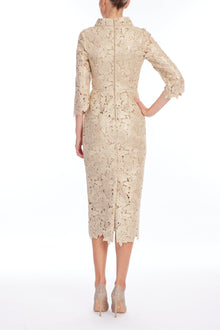 Badgley Mischka | Gold High Neck Long Sleeve Cocktail Dress with Belt | Gold
