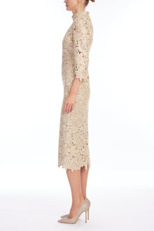 Badgley Mischka | Gold High Neck Long Sleeve Cocktail Dress with Belt | Gold