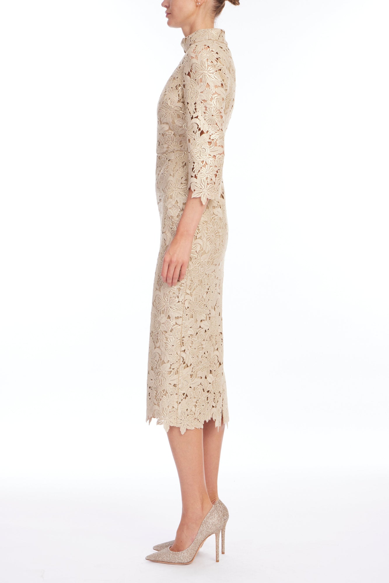 Badgley Mischka | Gold High Neck Long Sleeve Cocktail Dress with Belt | Gold