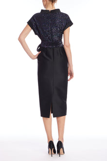 Badgley Mischka | Black Sequin Drop-Shoulder Combo Cocktail Dress | Black