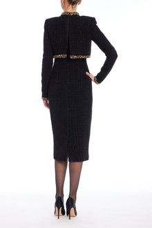 Badgley Mischka | Tweed Sheath Dress with Embellished Popover | Black