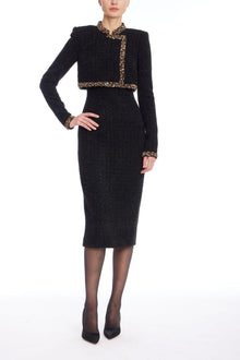 Badgley Mischka | Tweed Sheath Dress with Embellished Popover | Black