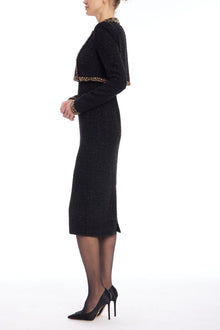 Badgley Mischka | Tweed Sheath Dress with Embellished Popover | Black