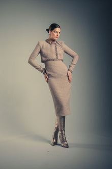 Badgley Mischka | Tweed Sheath Dress with Embellished Popover | Latte