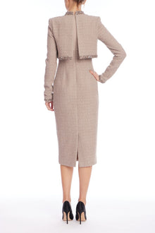 Badgley Mischka | Tweed Sheath Dress with Embellished Popover | Latte