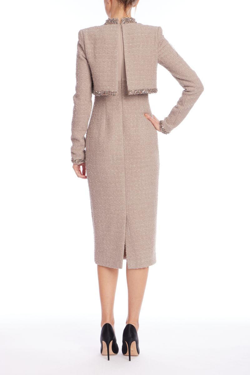 Badgley Mischka | Tweed Sheath Dress with Embellished Popover | Latte