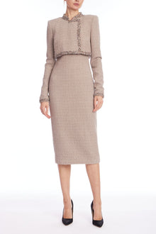 Badgley Mischka | Tweed Sheath Dress with Embellished Popover | Latte