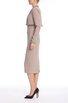 Badgley Mischka | Tweed Sheath Dress with Embellished Popover | Latte
