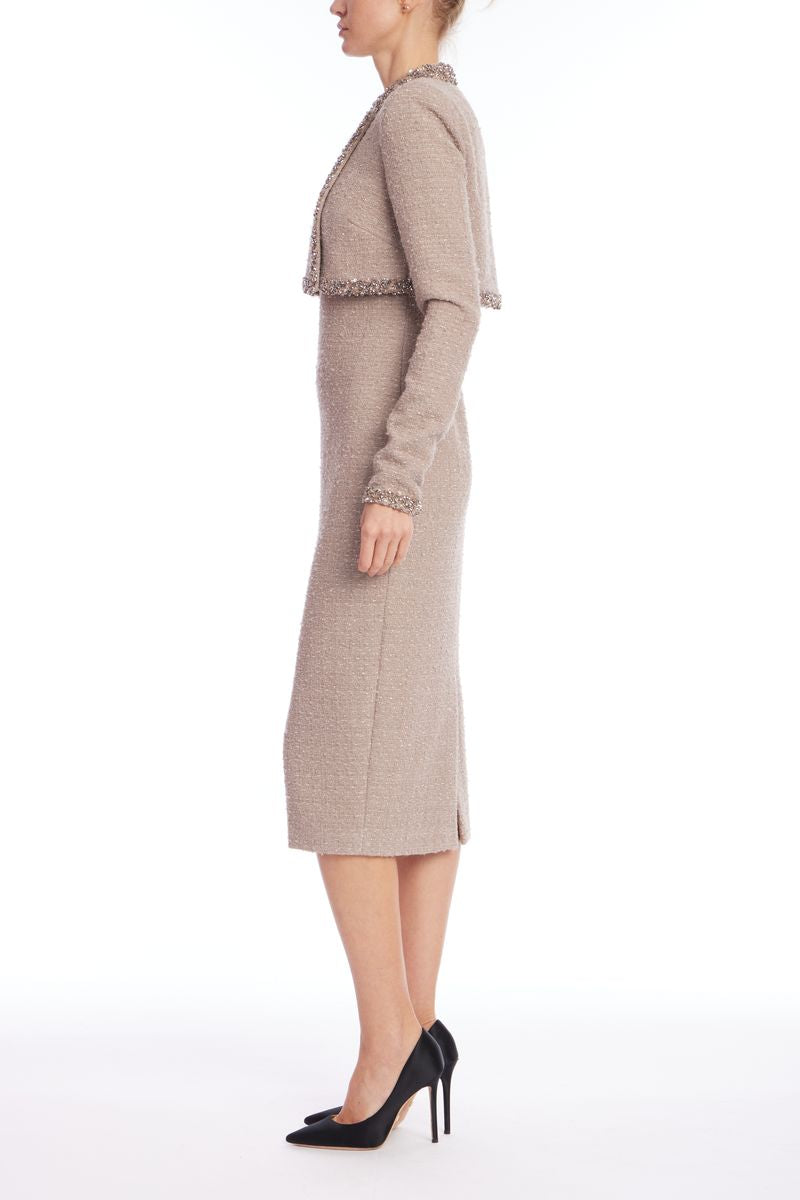 Badgley Mischka | Tweed Sheath Dress with Embellished Popover | Latte