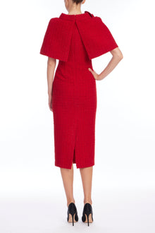 Badgley Mischka | Red Boucle Overlap Cape Beaded Cocktail Dress | Red