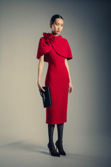 Badgley Mischka | Red Boucle Overlap Cape Beaded Cocktail Dress | Red