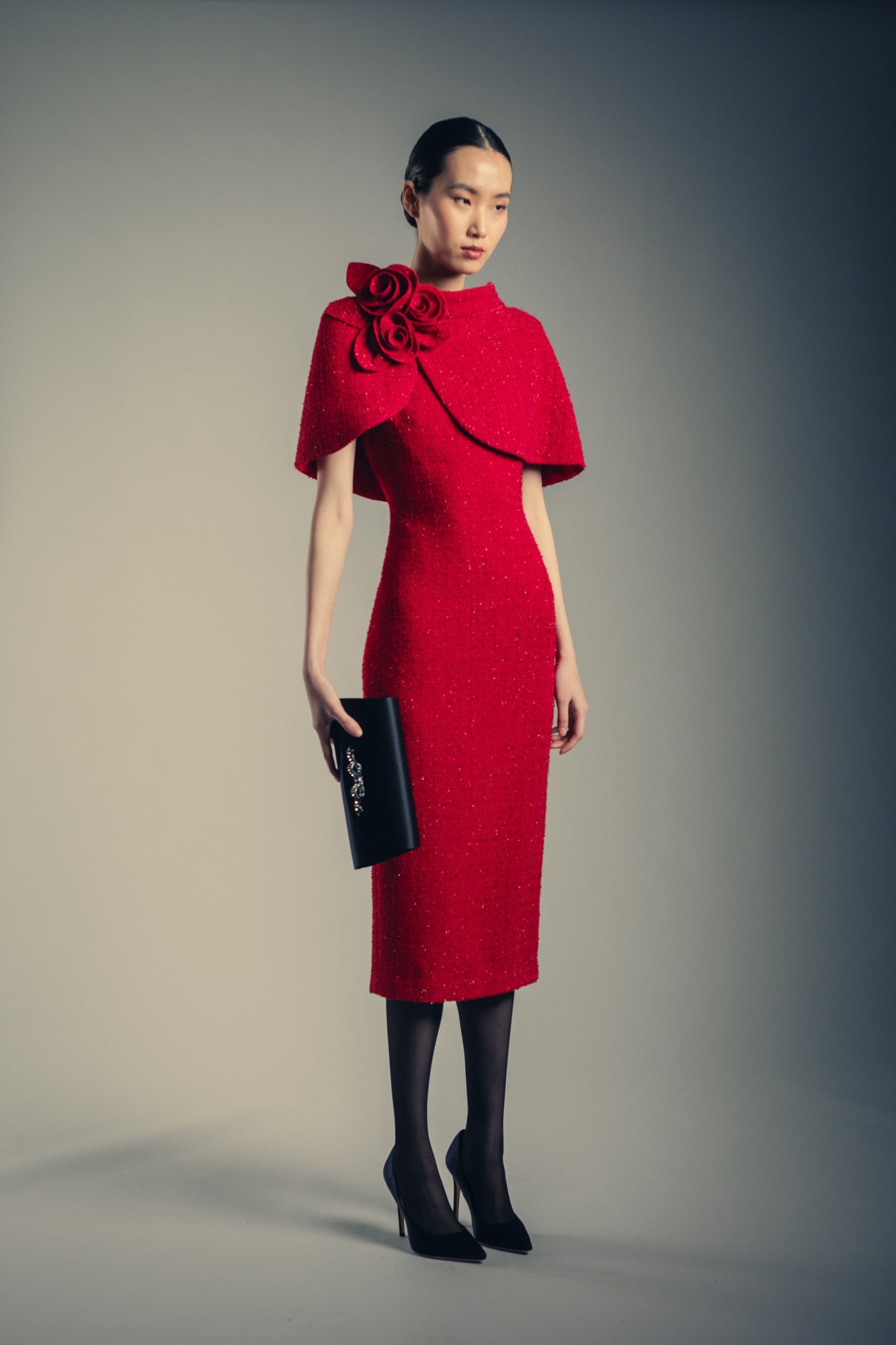 Badgley Mischka | Red Boucle Overlap Cape Beaded Cocktail Dress | Red