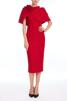 Badgley Mischka | Red Boucle Overlap Cape Beaded Cocktail Dress | Red