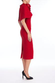 Badgley Mischka | Red Boucle Overlap Cape Beaded Cocktail Dress | Red