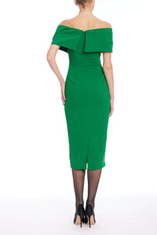 Badgley Mischka | Off-Shoulder Draped Fitted Sheath Dress | Emerald