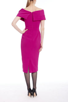 Badgley Mischka | Off-Shoulder Draped Fitted Sheath Dress | Fuchsia