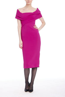 Badgley Mischka | Off-Shoulder Draped Fitted Sheath Dress | Fuchsia