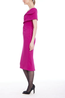 Badgley Mischka | Off-Shoulder Draped Fitted Sheath Dress | Fuchsia